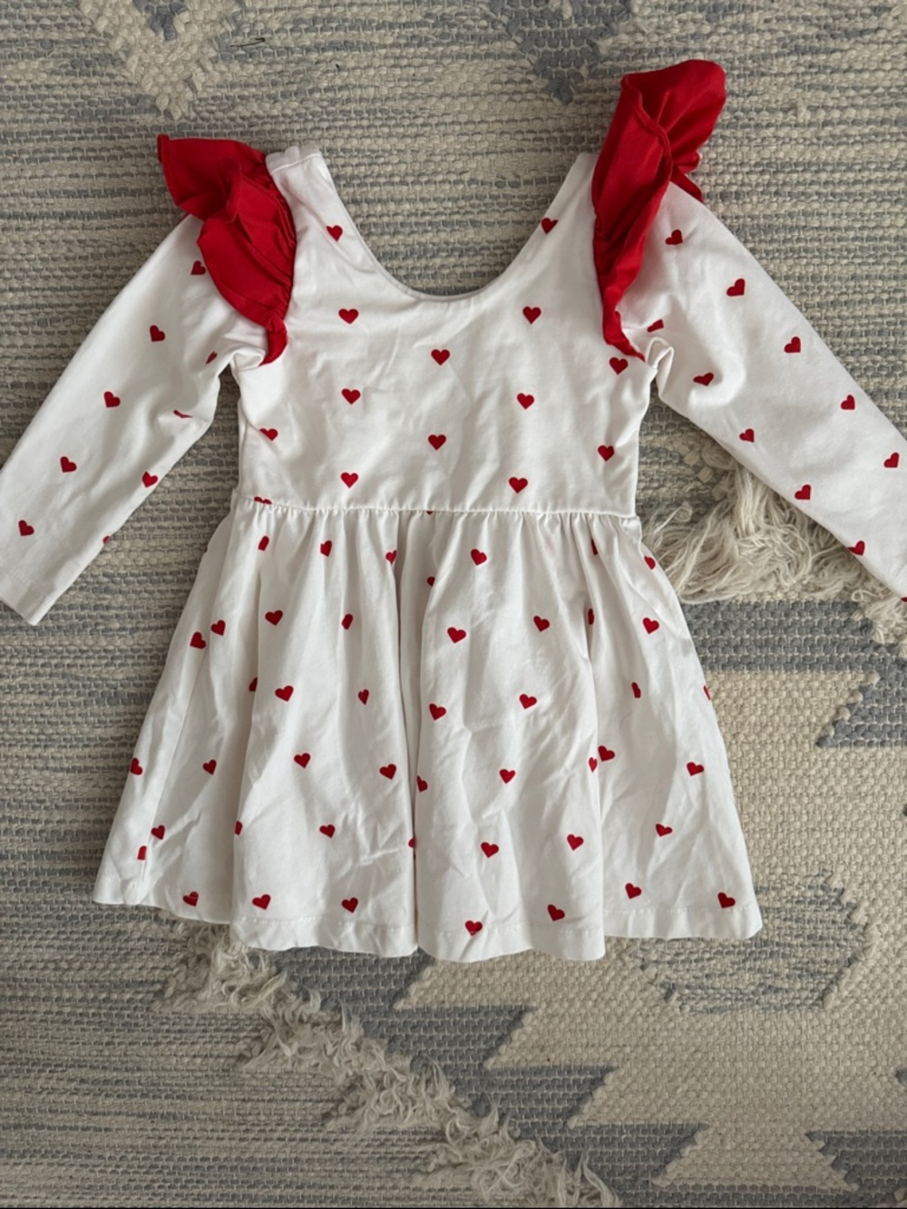 Monica & Andy White Girls' Heart Print Dress with Red Ruffle Shoulders